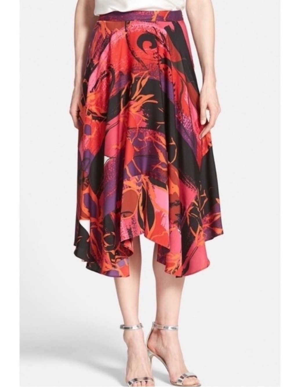 Abstract Floral Handkerchief Hem Skirt in Red and Pink